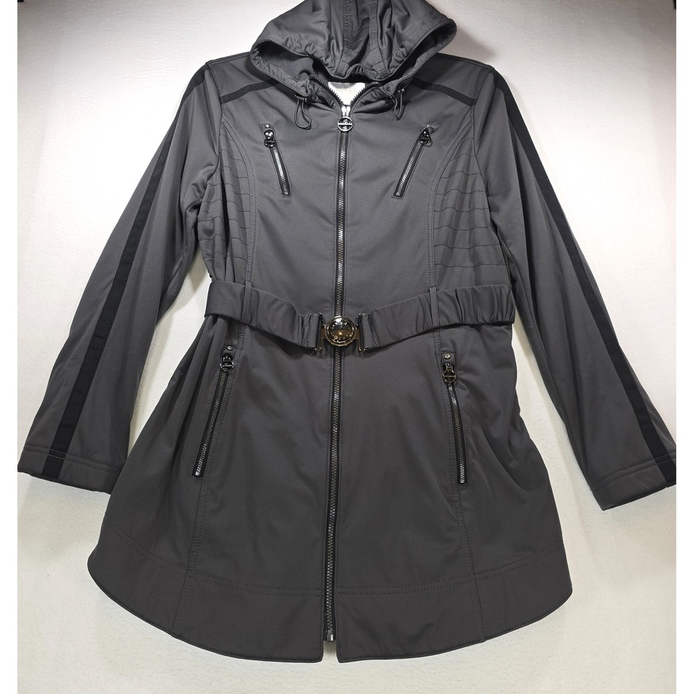 Laundry by Shelli Segal Grey Softshell Hooded Belted Jacket Coat Large